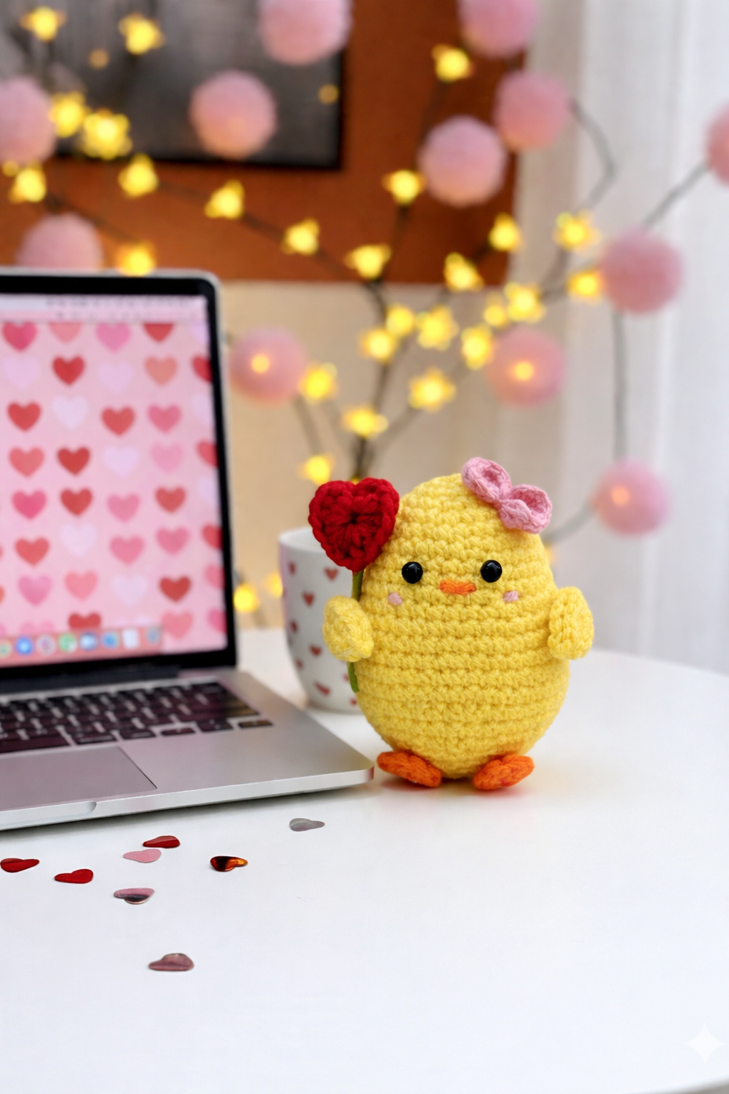 Blush Bow Chick with heart – Crochet Desk Buddy