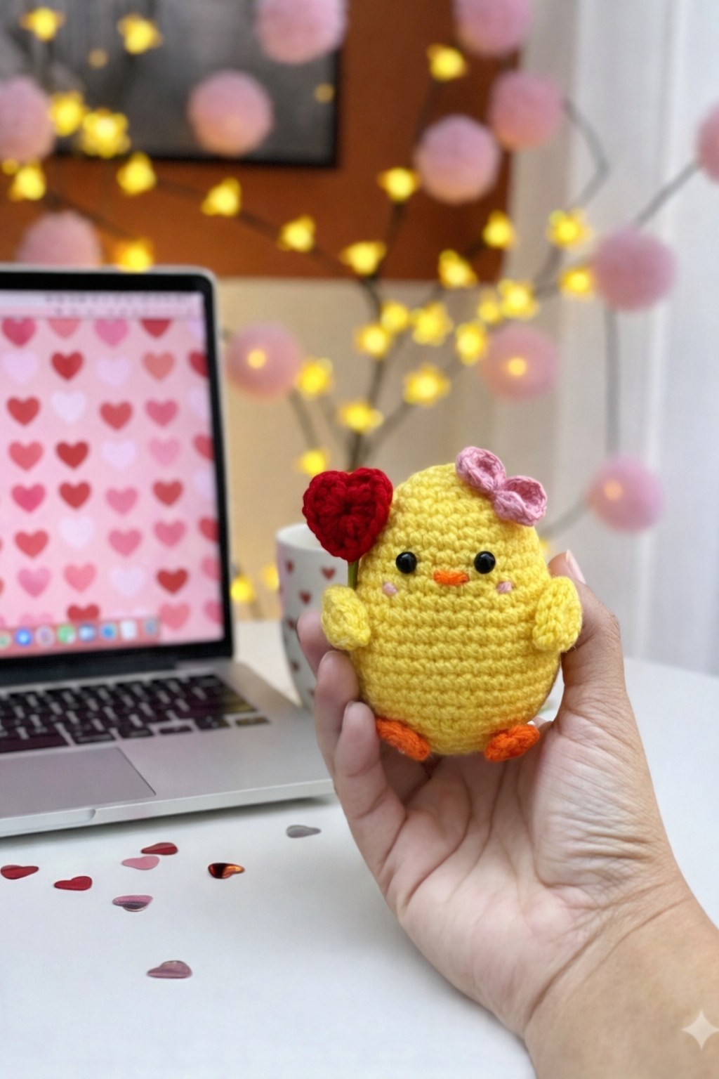 Blush Bow Chick with heart – Crochet Desk Buddy
